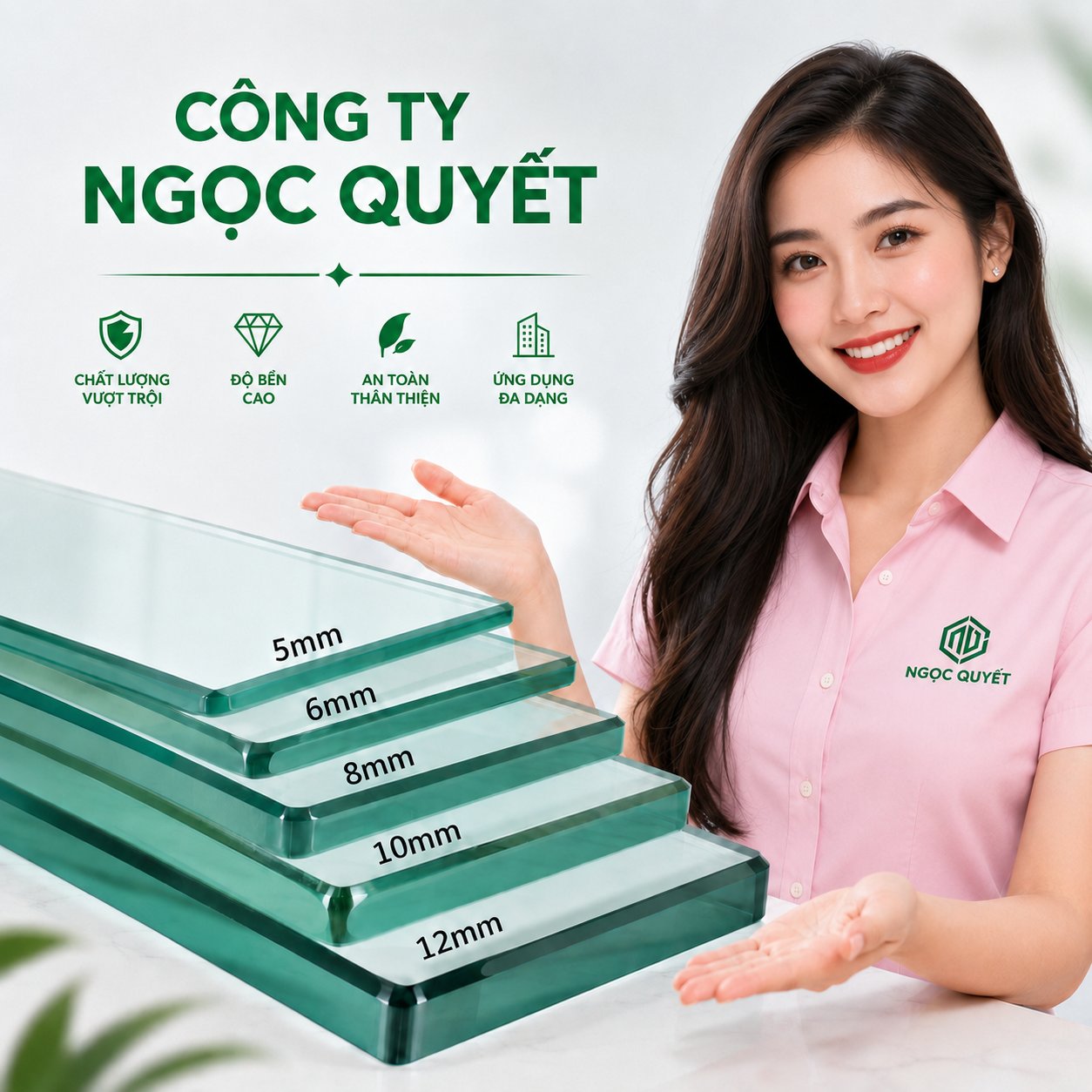 Nhân viên Ngọc Quyết giới thiệu các tấm kính cường lực dày 5mm đến 12mm chất lượng cao